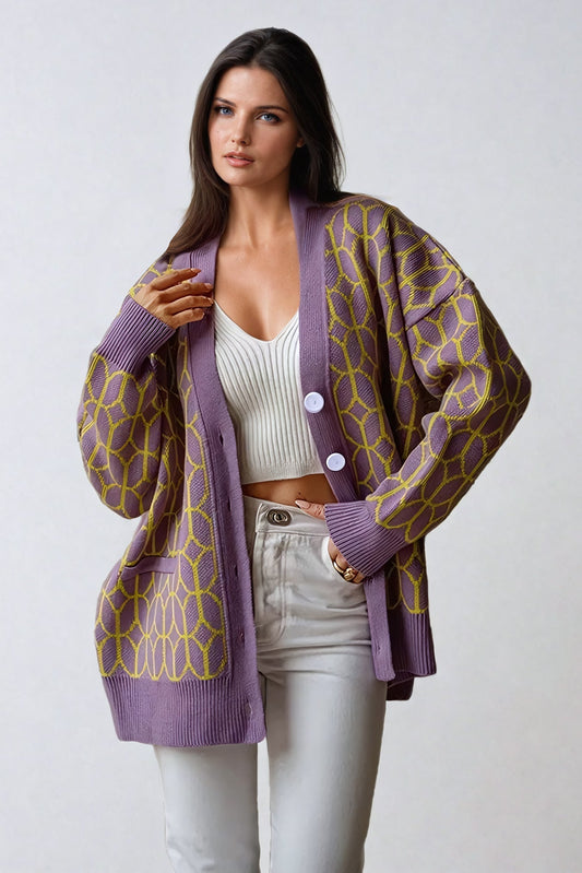 Geometric Pattern V-Neck Knitted Cardigan - Purple