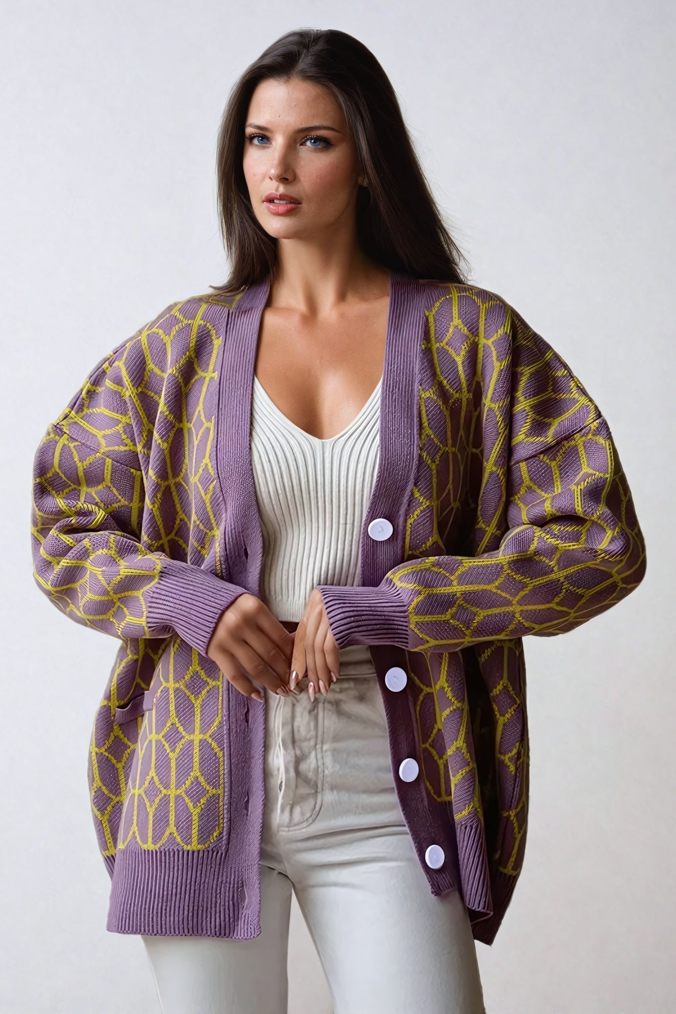 Geometric Pattern V-Neck Knitted Cardigan - Purple