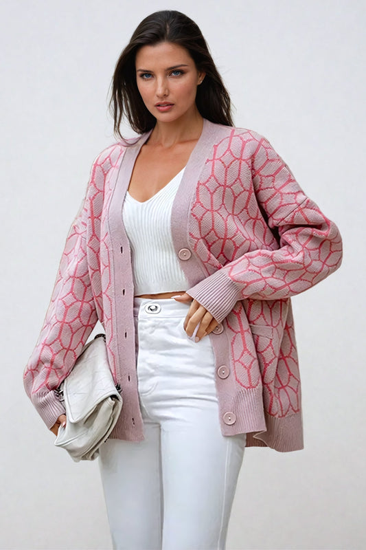 Geometric Pattern V-Neck Knitted Cardigan - Pink