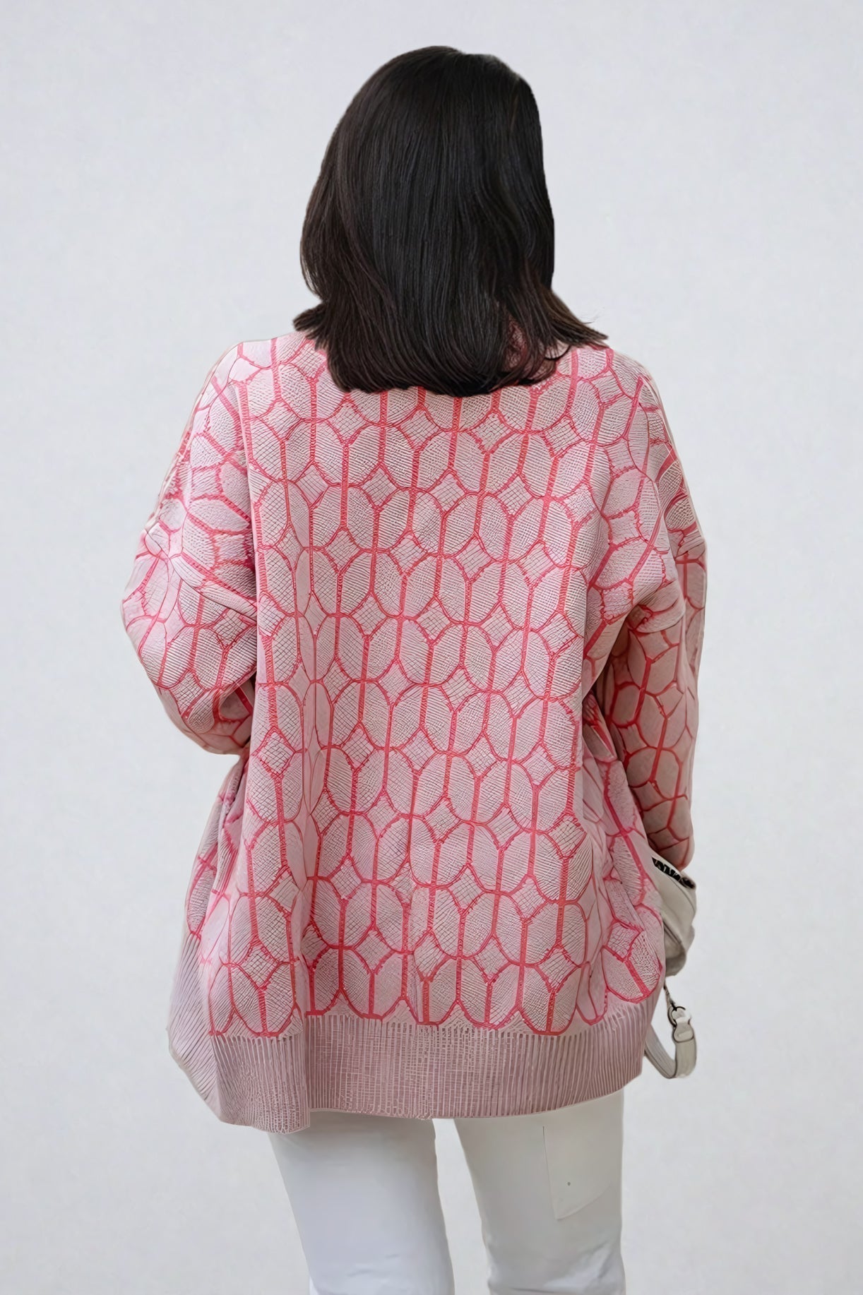 Geometric Pattern V-Neck Knitted Cardigan - Pink