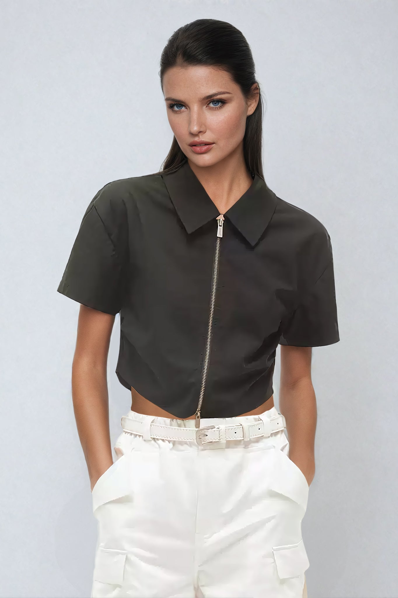 Cropped Short Sleeve Shirt with Double-Head Zipper - Black