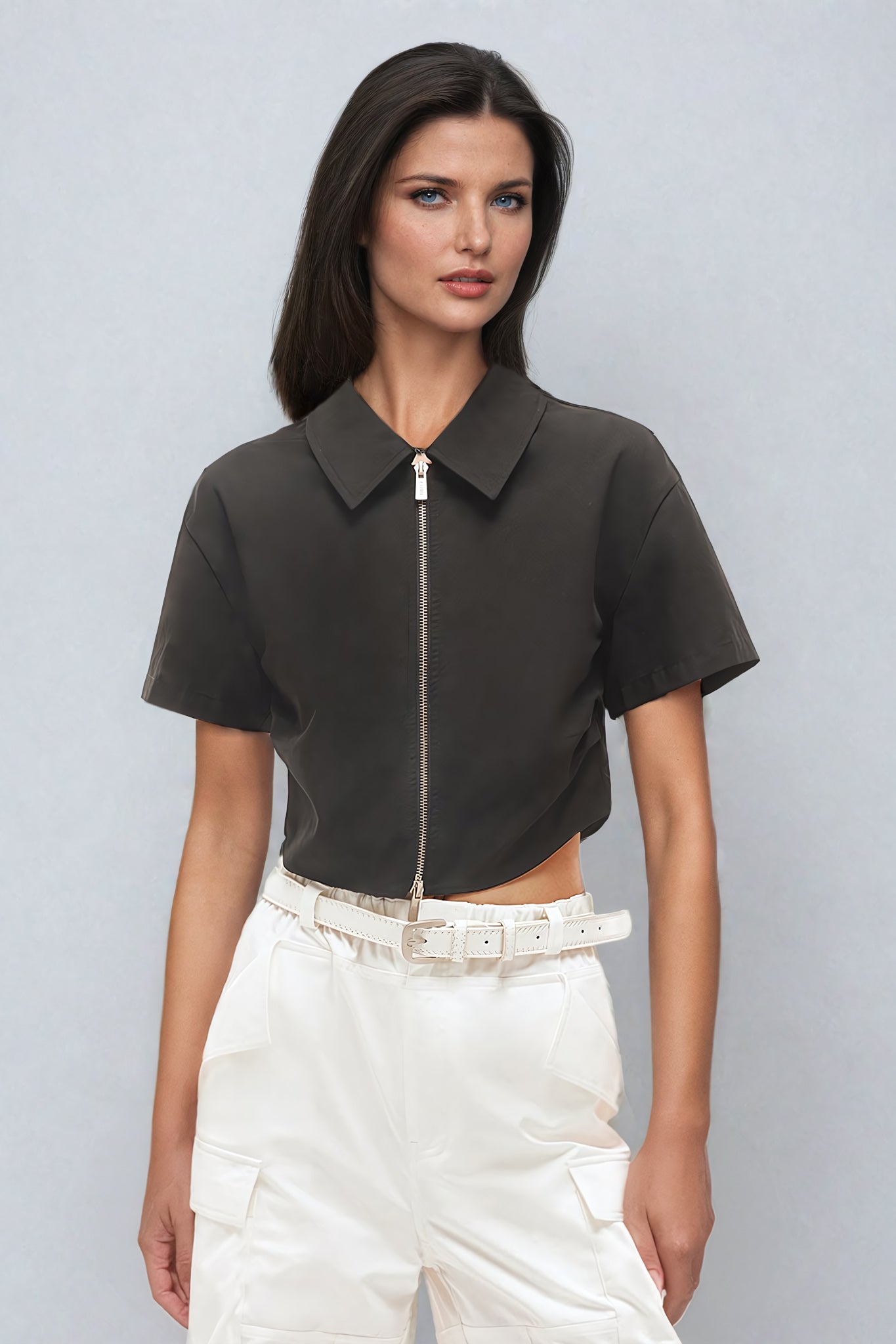 Cropped Short Sleeve Shirt with Double-Head Zipper - Black