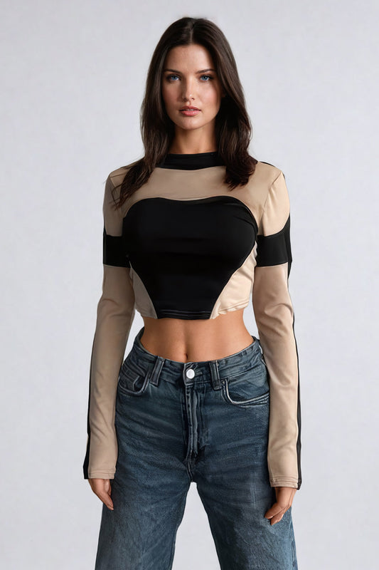 High Neck Long Sleeve Cropped Top - Black