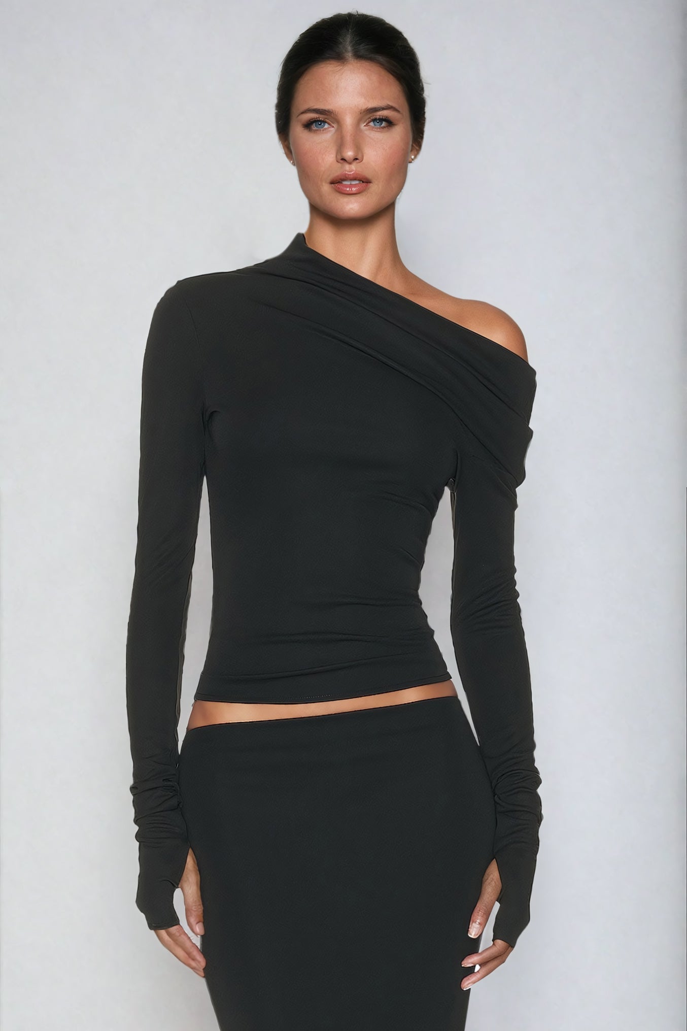 Two-Piece Set with Full Sleeve Skew Top and Maxi Skirt - Black