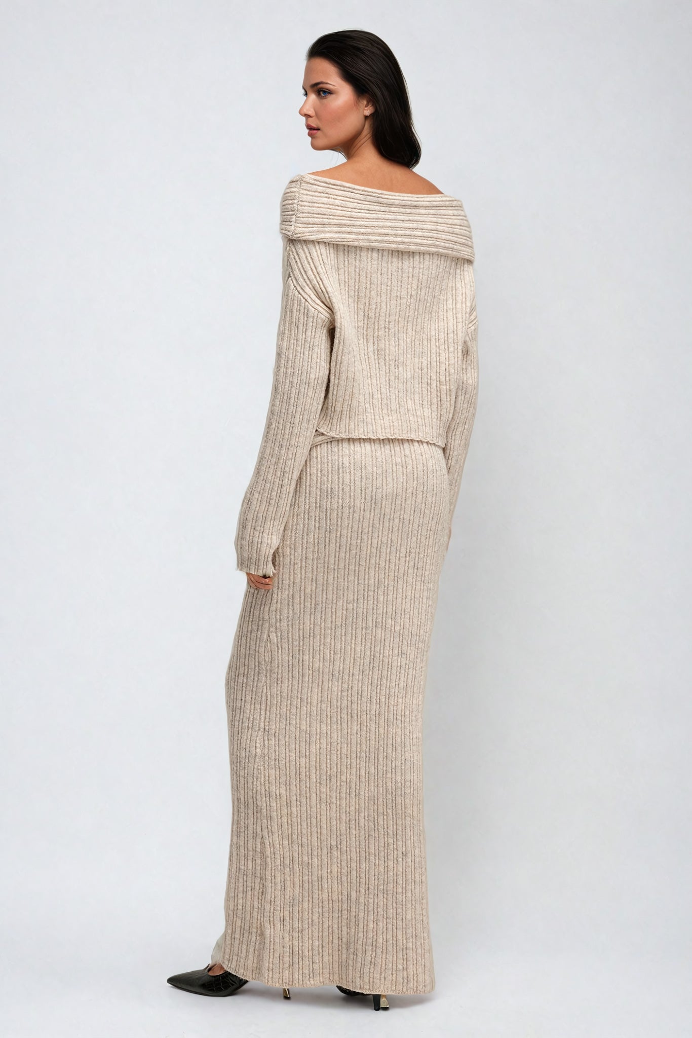 Two-Piece Set with Knit Off-Shoulder Top and Flared Maxi Skirt - Beige