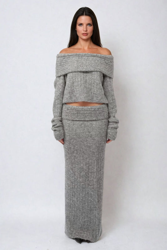 Two-Piece Set with Knit Off-Shoulder Top and Flared Maxi Skirt - Gray