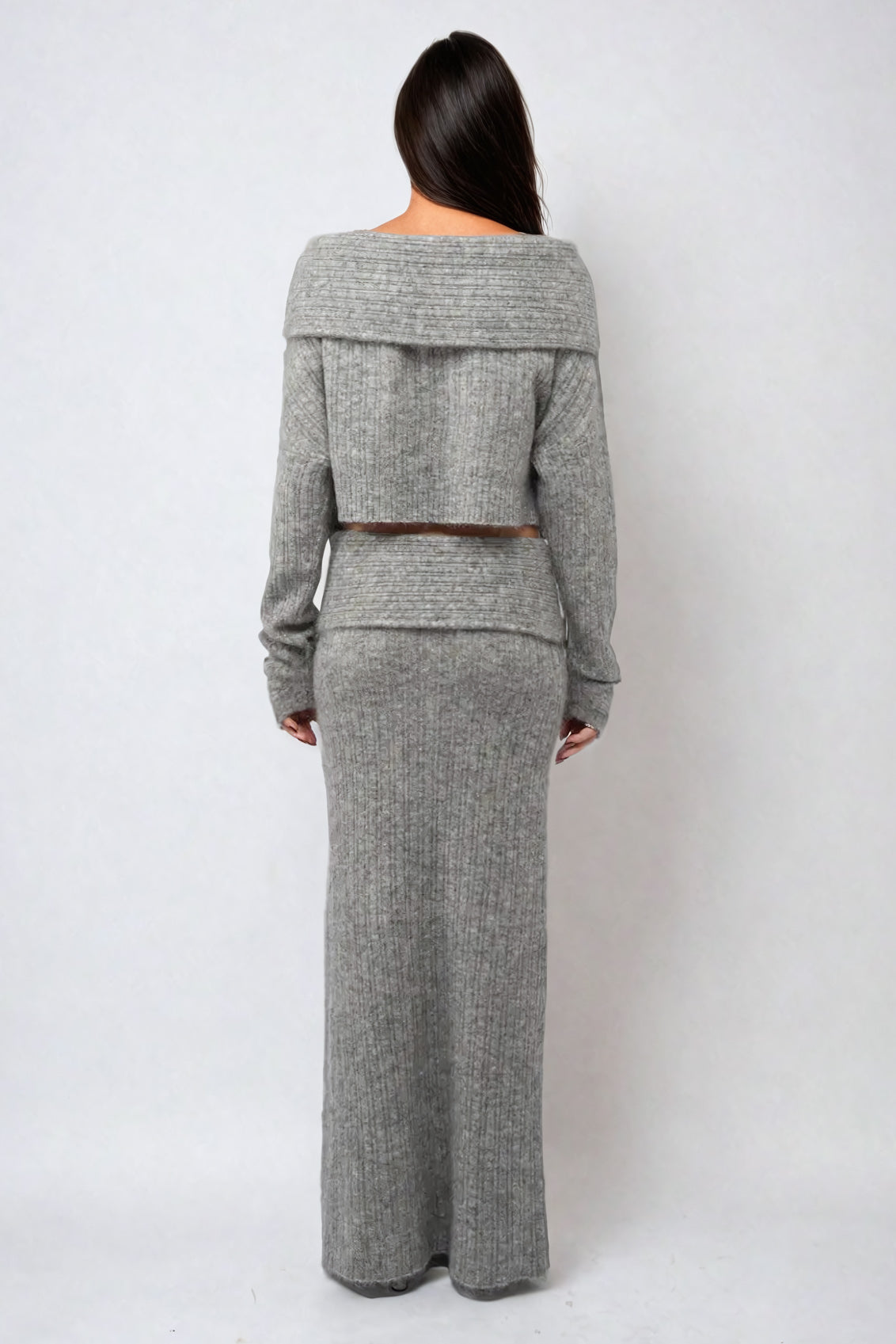 Two-Piece Set with Knit Off-Shoulder Top and Flared Maxi Skirt - Gray