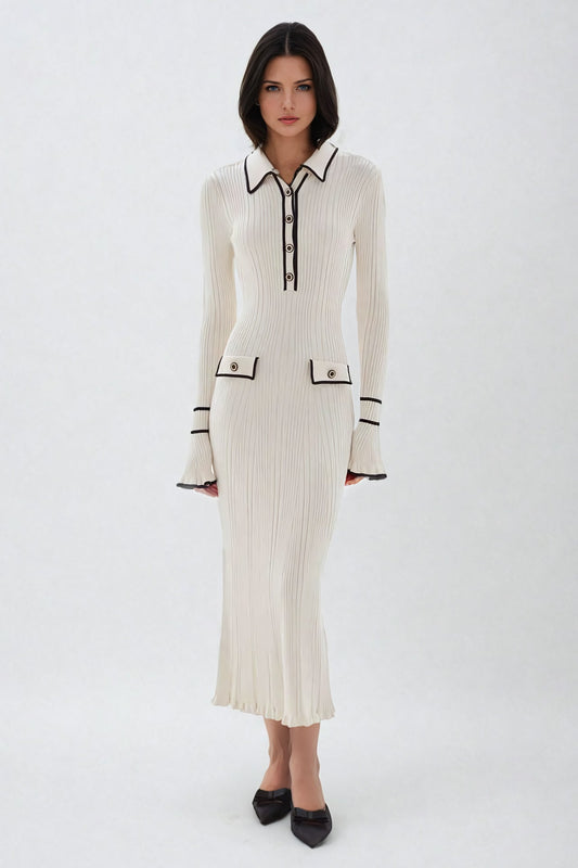 Ruffled Knitted Midi Dress with Buttoned Front - White