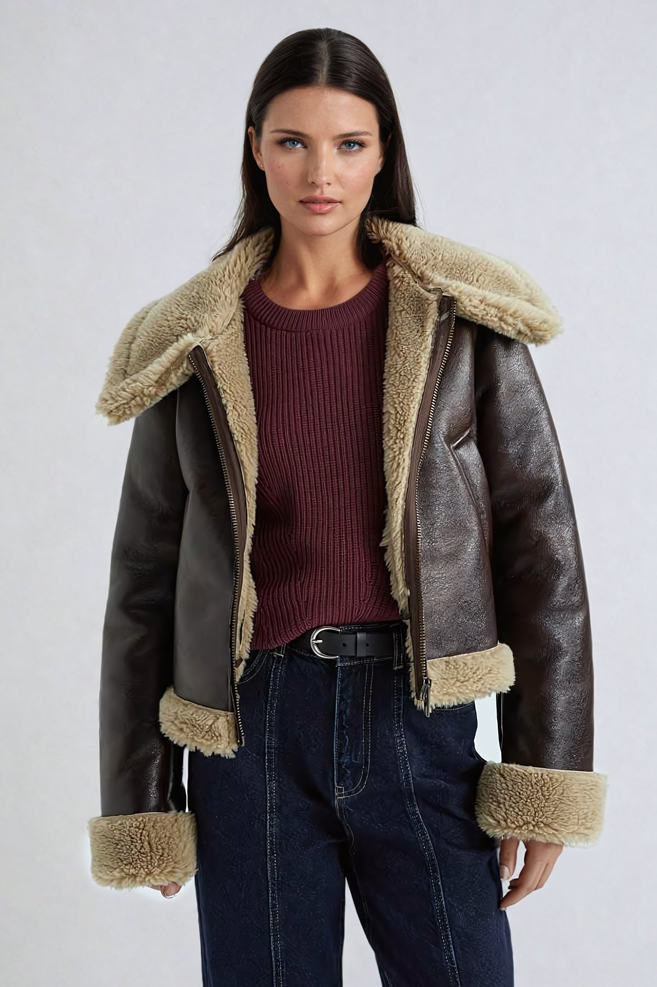 Cropped Leather Jacket with Shearling Accents - Brown