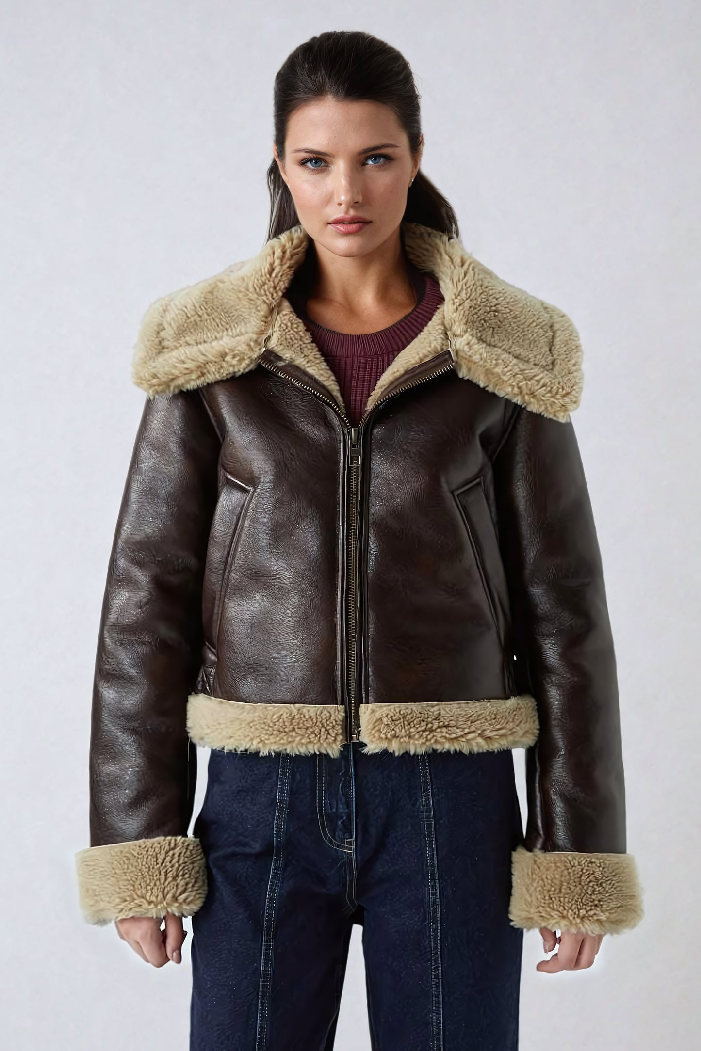 Cropped Leather Jacket with Shearling Accents - Brown