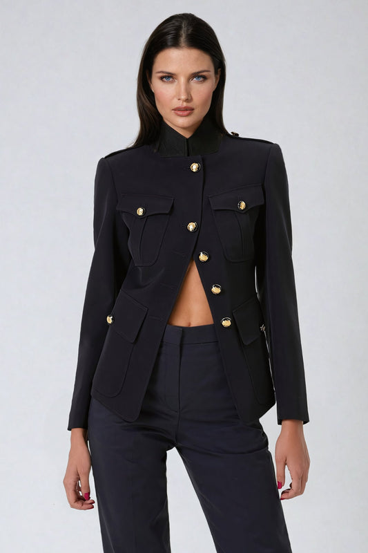 Structured Buttoned Tailored Coat with Stand-Up Collar - Black