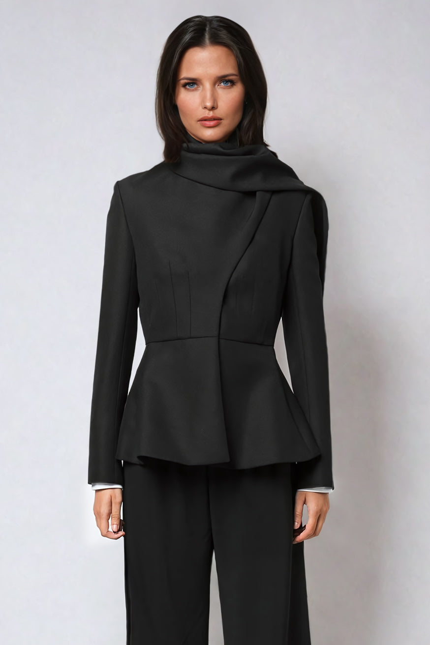 Structured Asymmetrical Blazer with Draped Shoulder Detail - Black