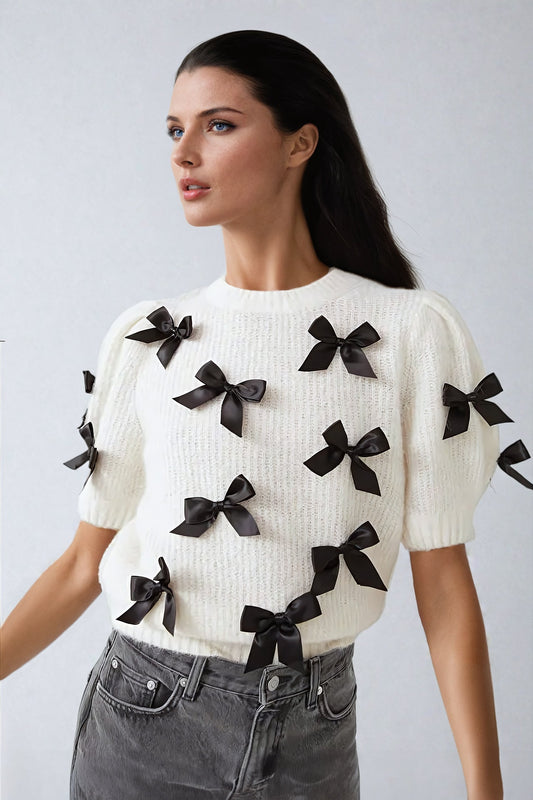 Bow-Accent Round Neck Knitted Top - White