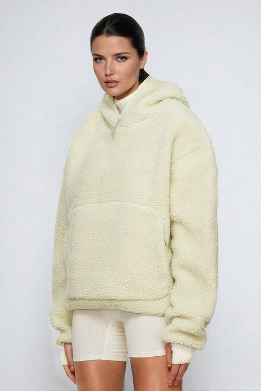 Oversized Hoodie Jacket with Front Pocket - Beige