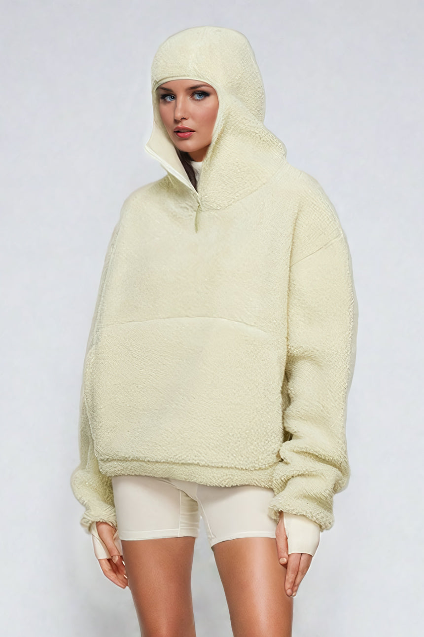 Oversized Hoodie Jacket with Front Pocket - Beige