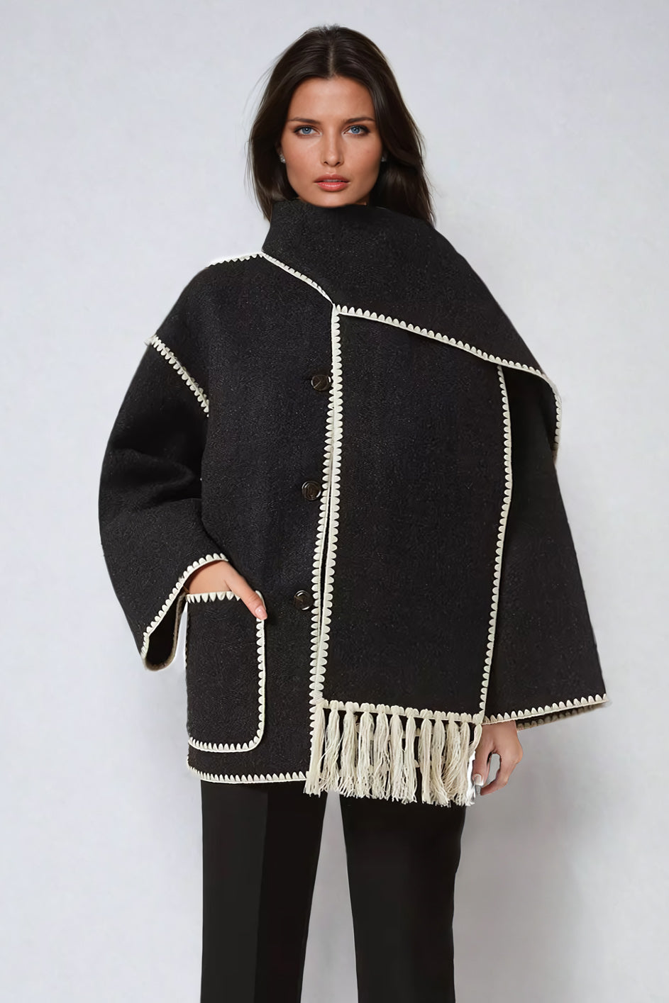 Fringe-Trimmed Coat with Embroidered Scarf Accent - Black