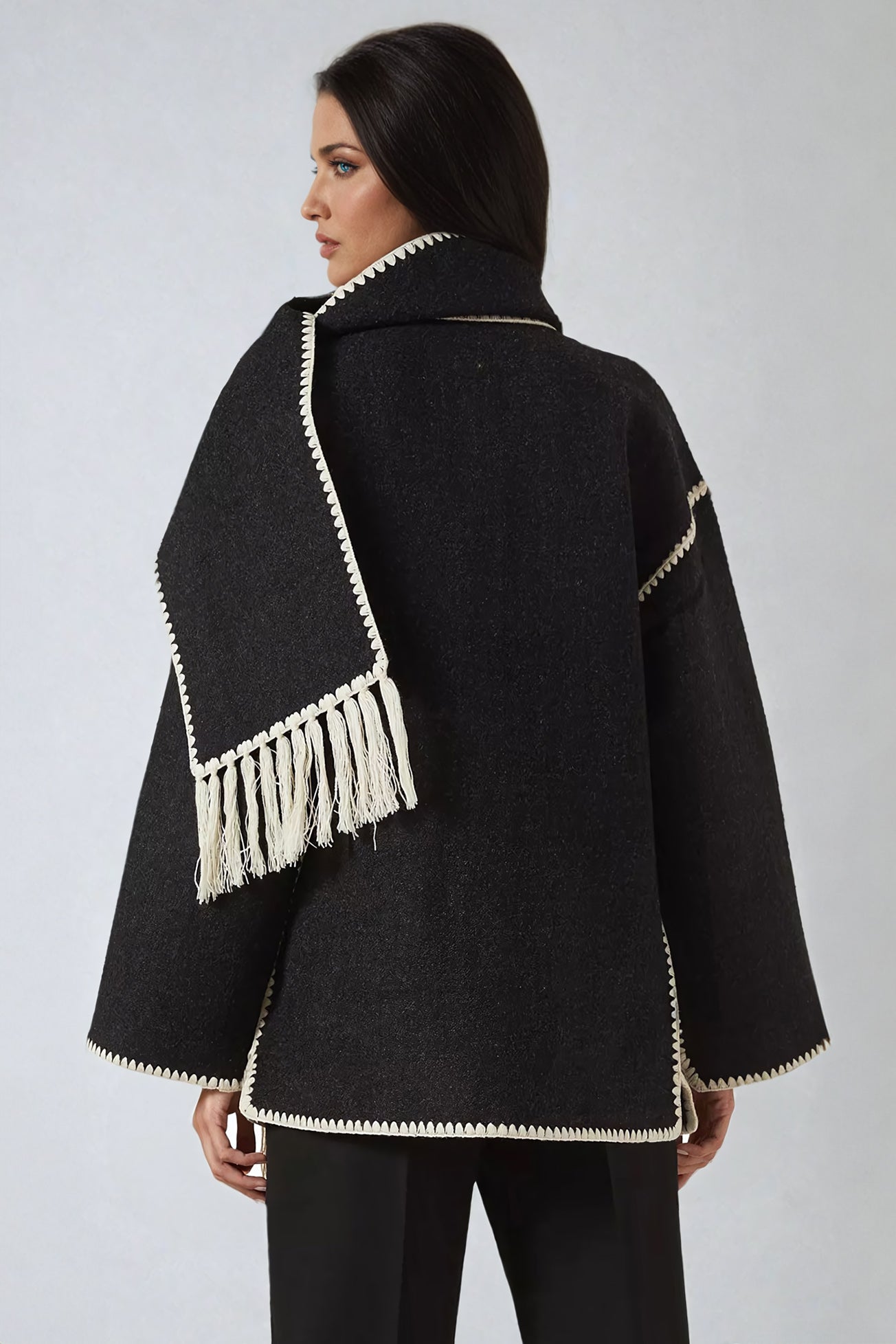 Fringe-Trimmed Coat with Embroidered Scarf Accent - Black