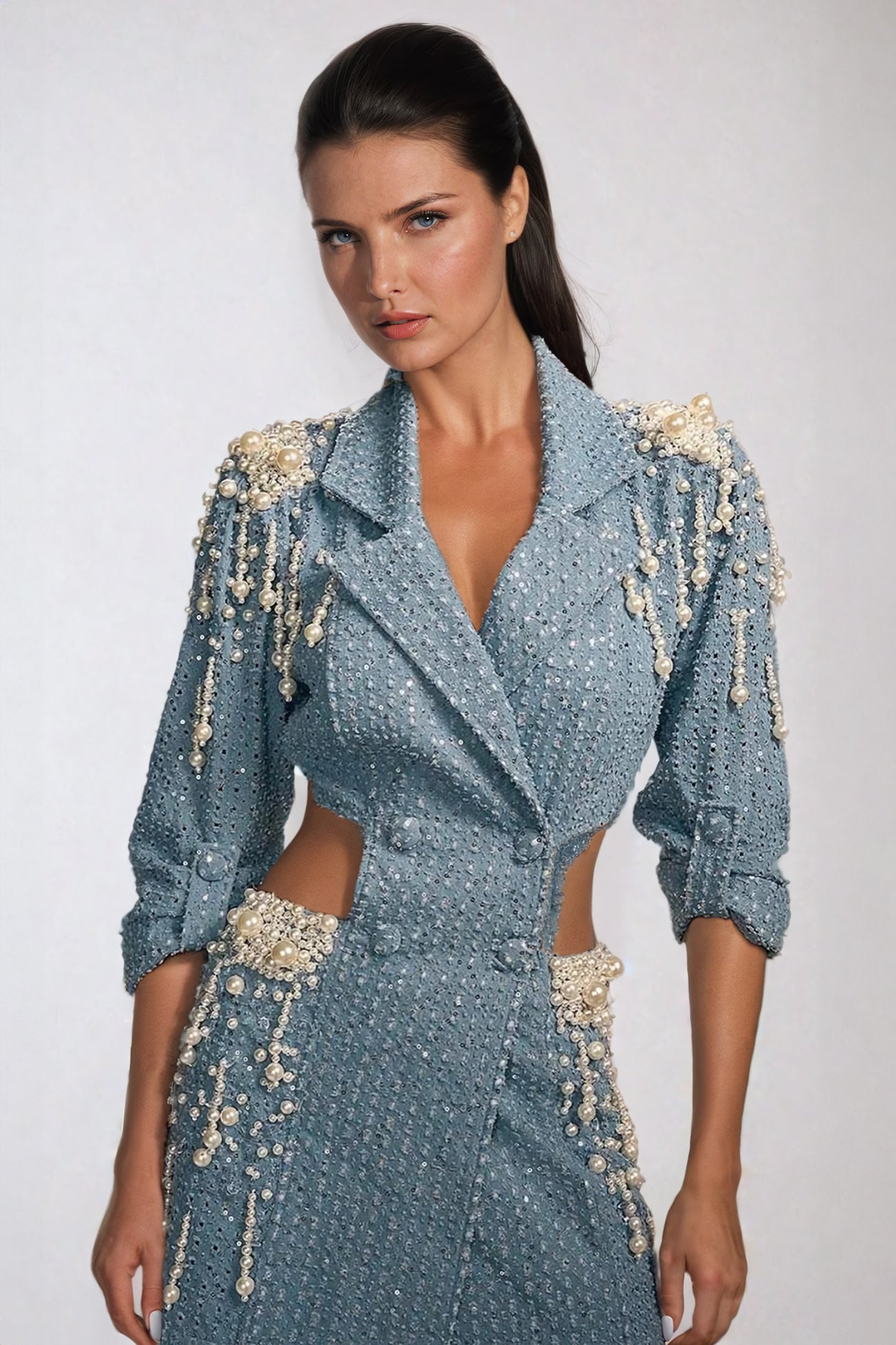 Sequin Embellished Mini Dress with Pearl Detailing - Blue