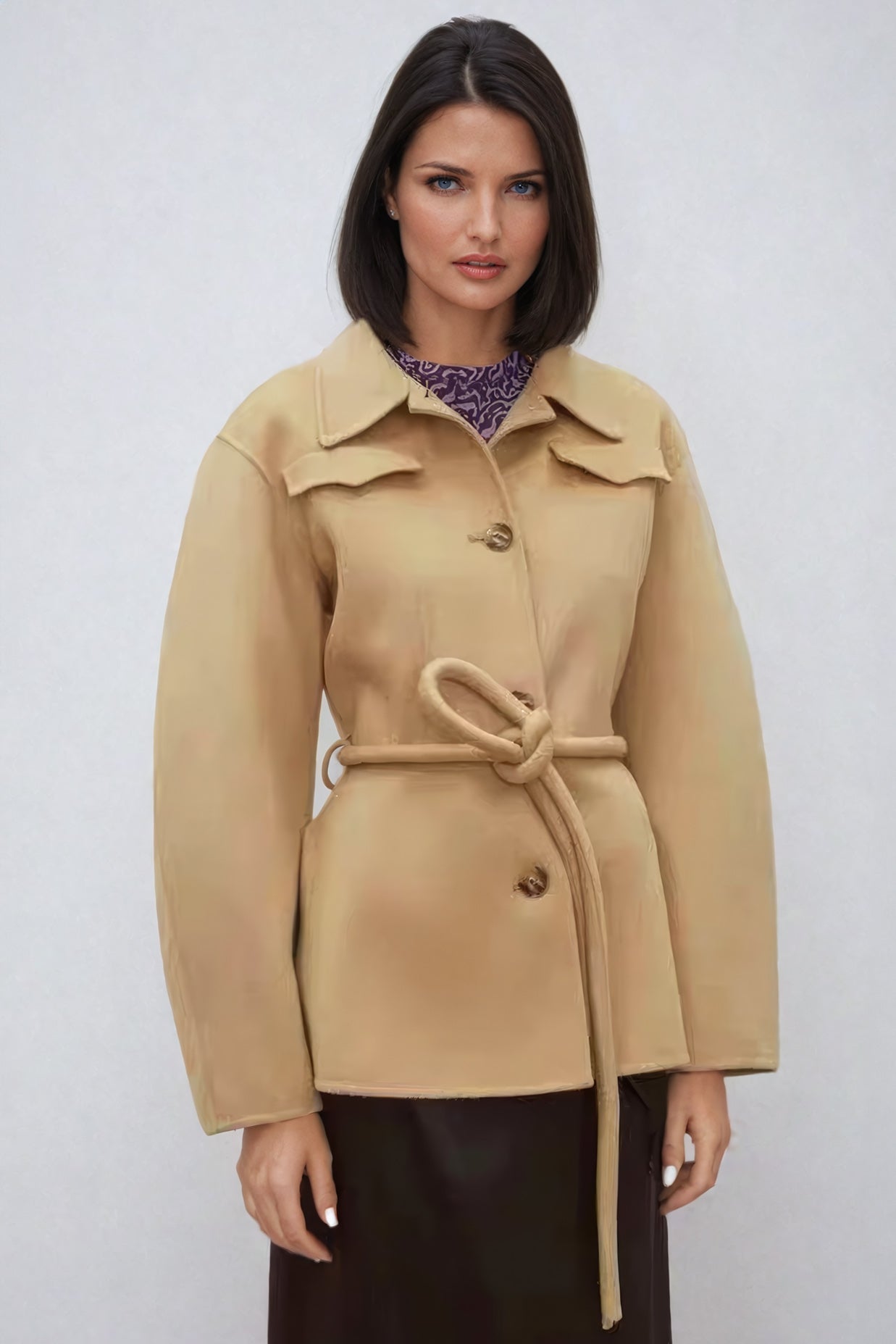 Belted Button-Up Coat with Structured Collar - Brown