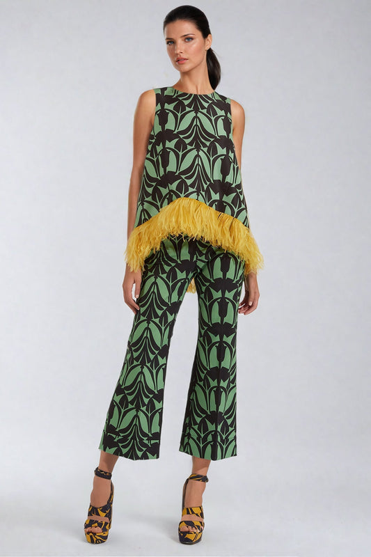 Two-Piece Set with Feather Trim Printed Top and Trousers - Green