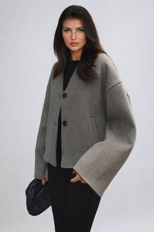 Oversized V-Neck Buttoned Coat - Gray