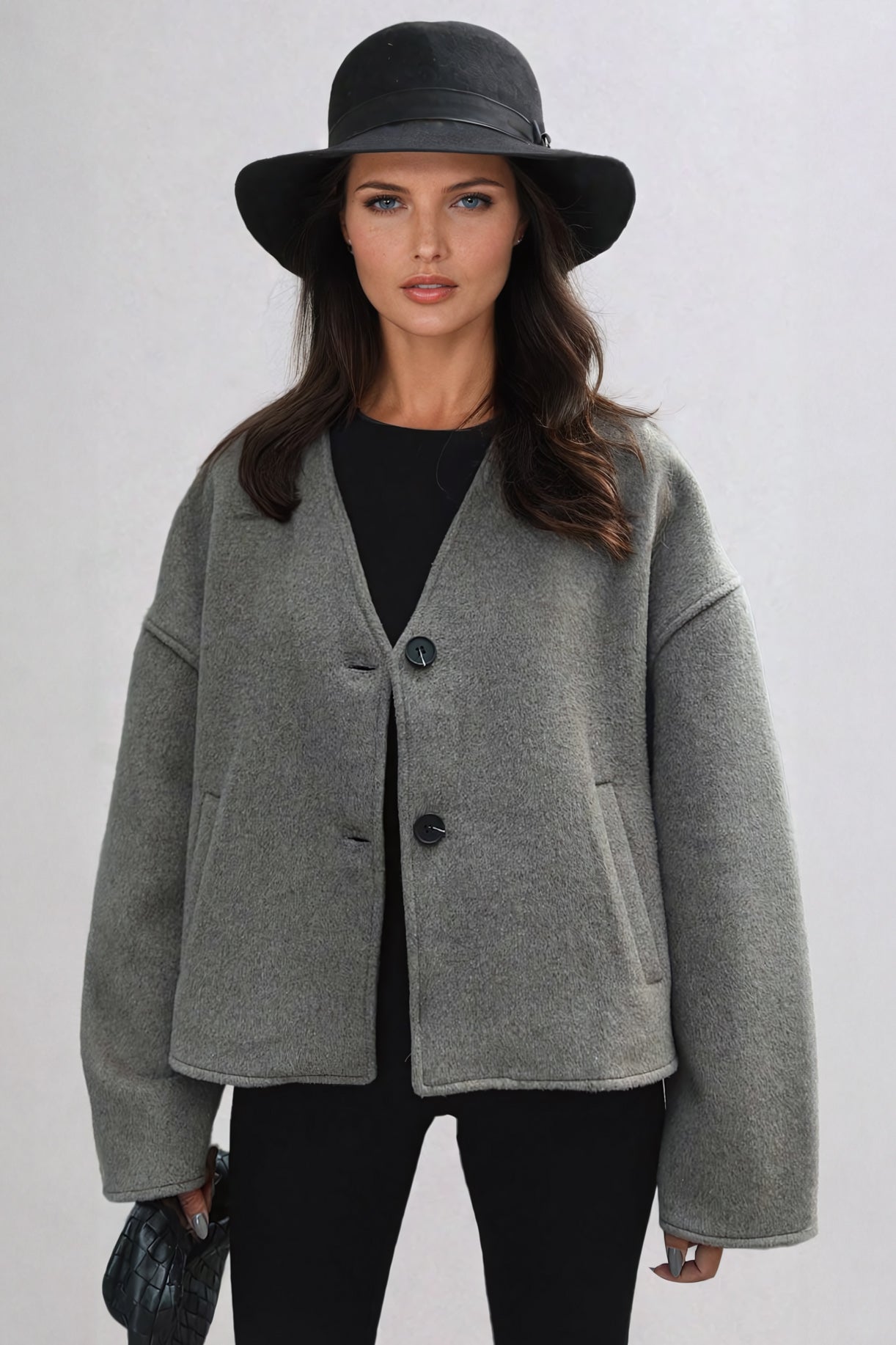 Oversized V-Neck Buttoned Coat - Gray