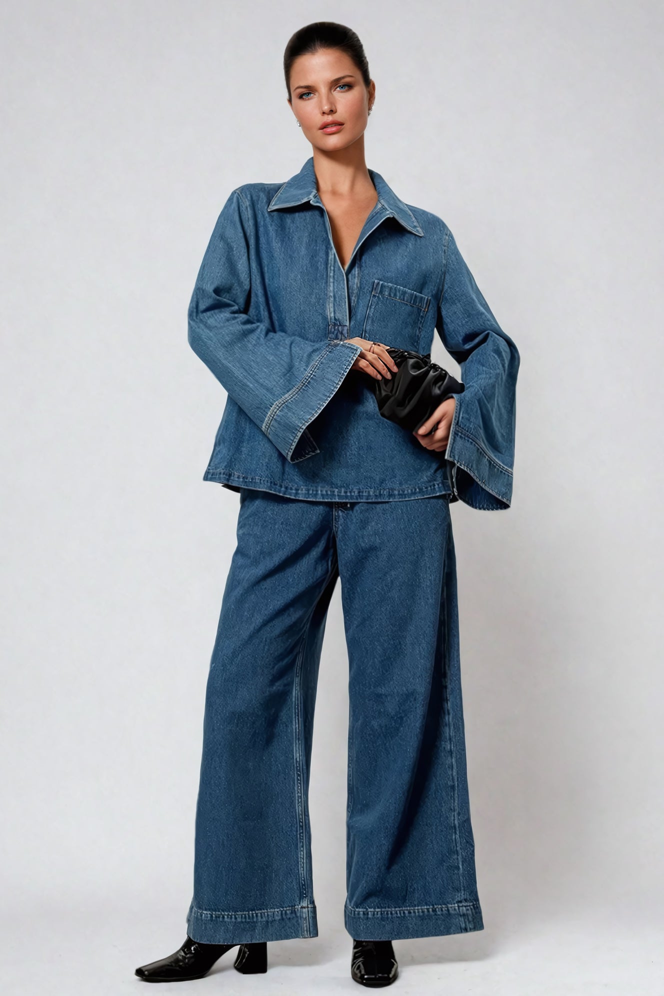 Two-Piece Set with Collared Denim Top and Wide-Leg Trousers - Blue