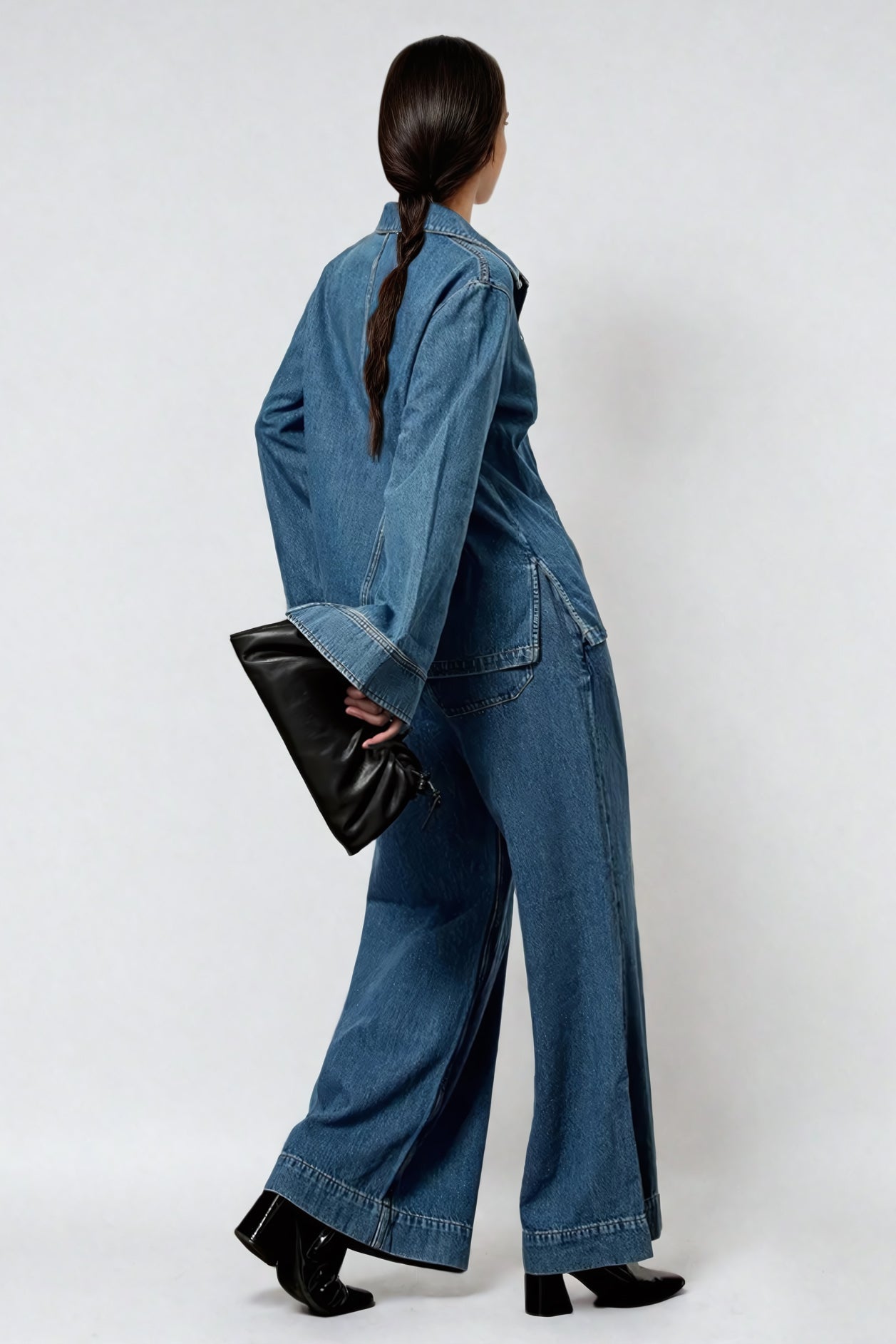 Two-Piece Set with Collared Denim Top and Wide-Leg Trousers - Blue