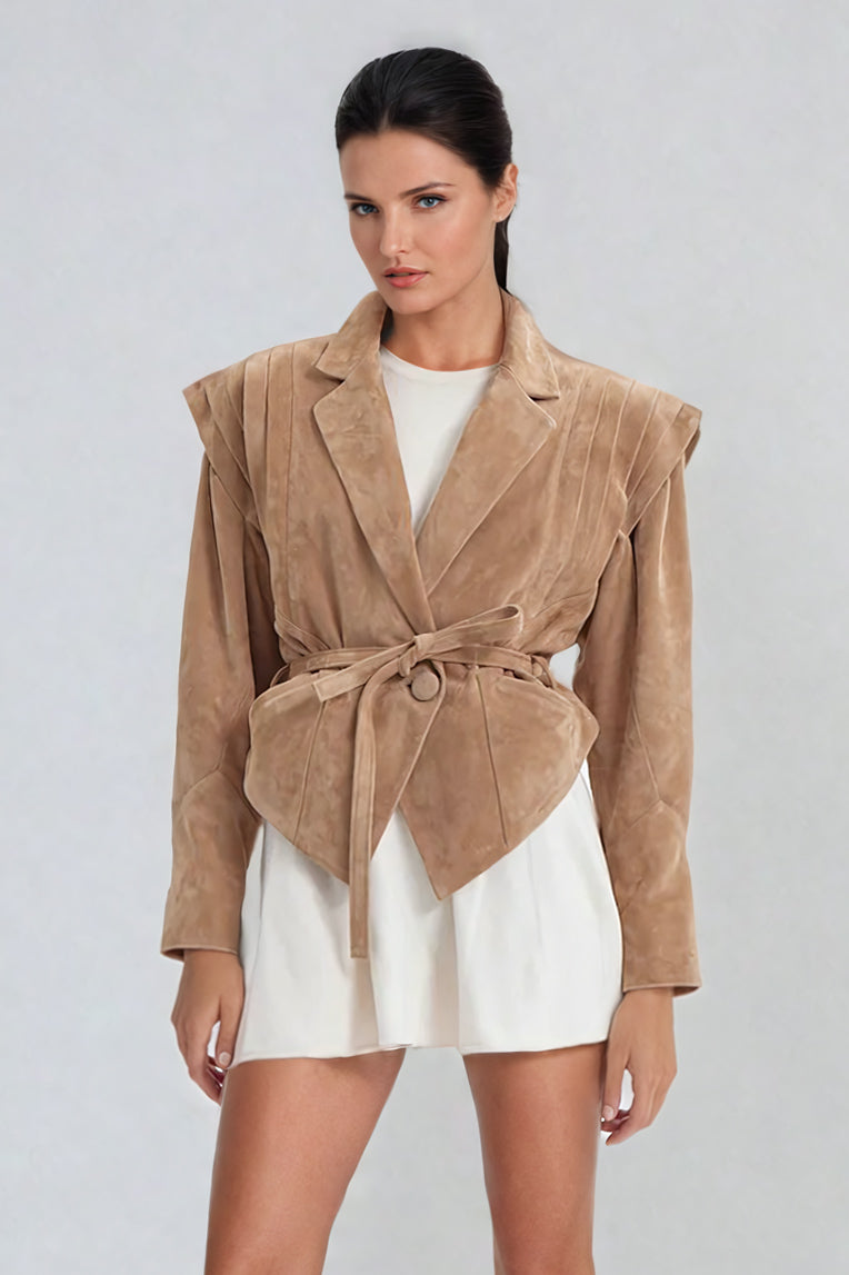 Lace-Up Detail Leather Coat with Tie-Waist - Brown