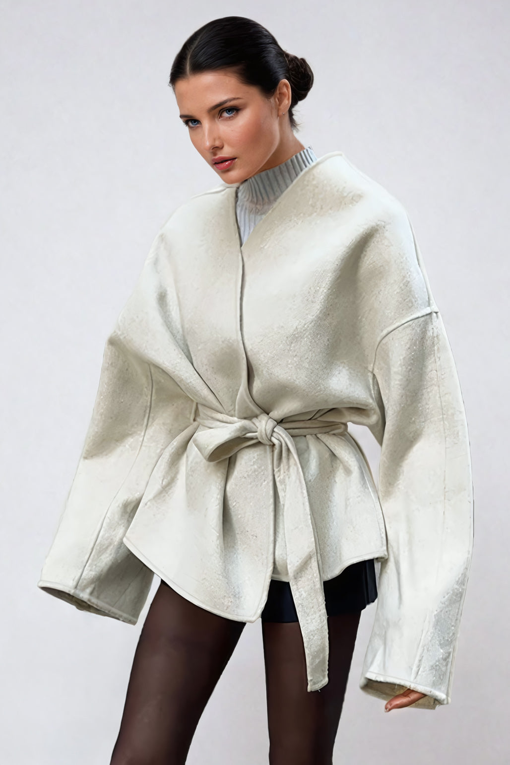 Belted Wrap Coat with V-Neck - Beige