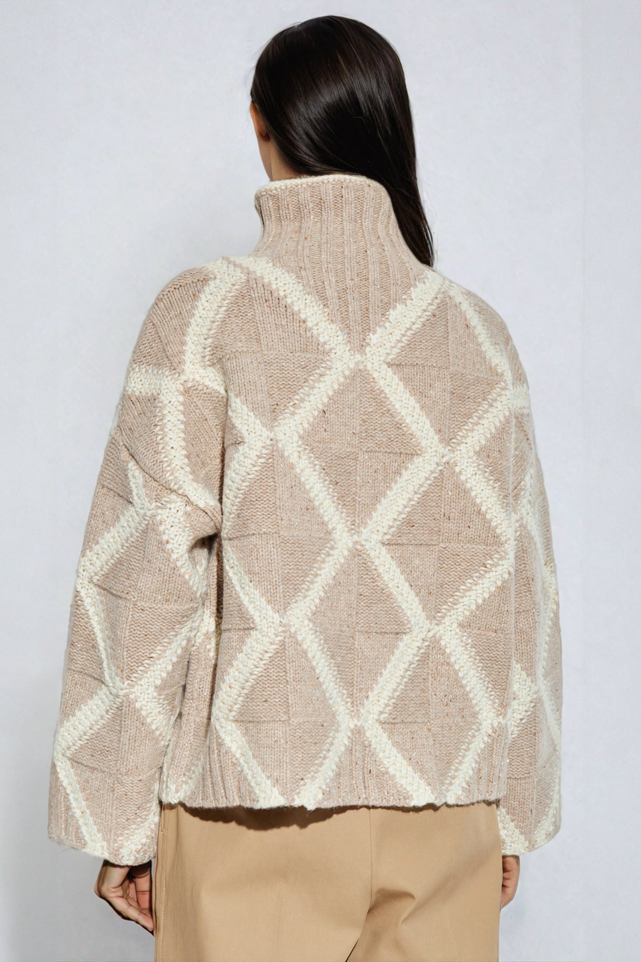 Geometric Patterned High-Neck Knitted Sweater - Brown