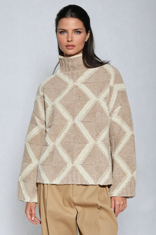 Geometric Patterned High-Neck Knitted Sweater - Brown