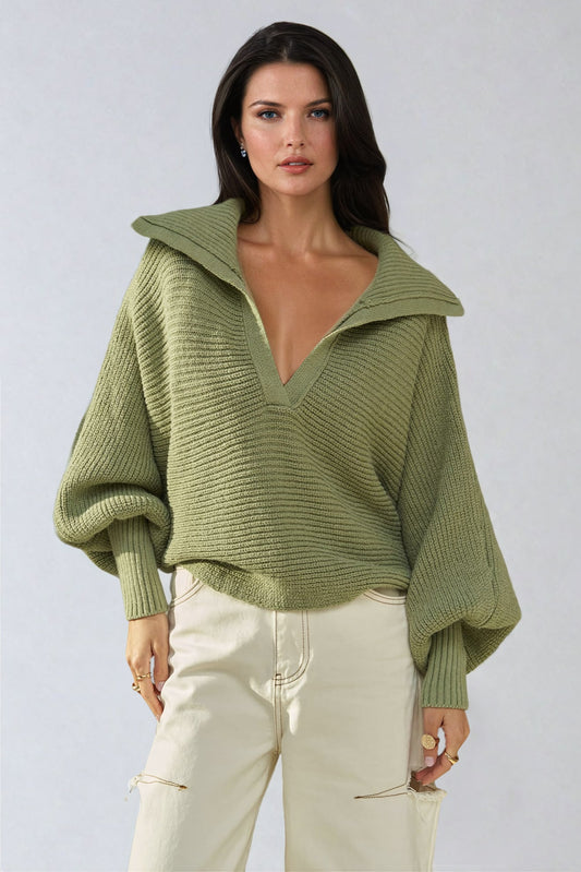 Oversized Ribbed Knit Sweater with V-Neck and Wide Collar - Green