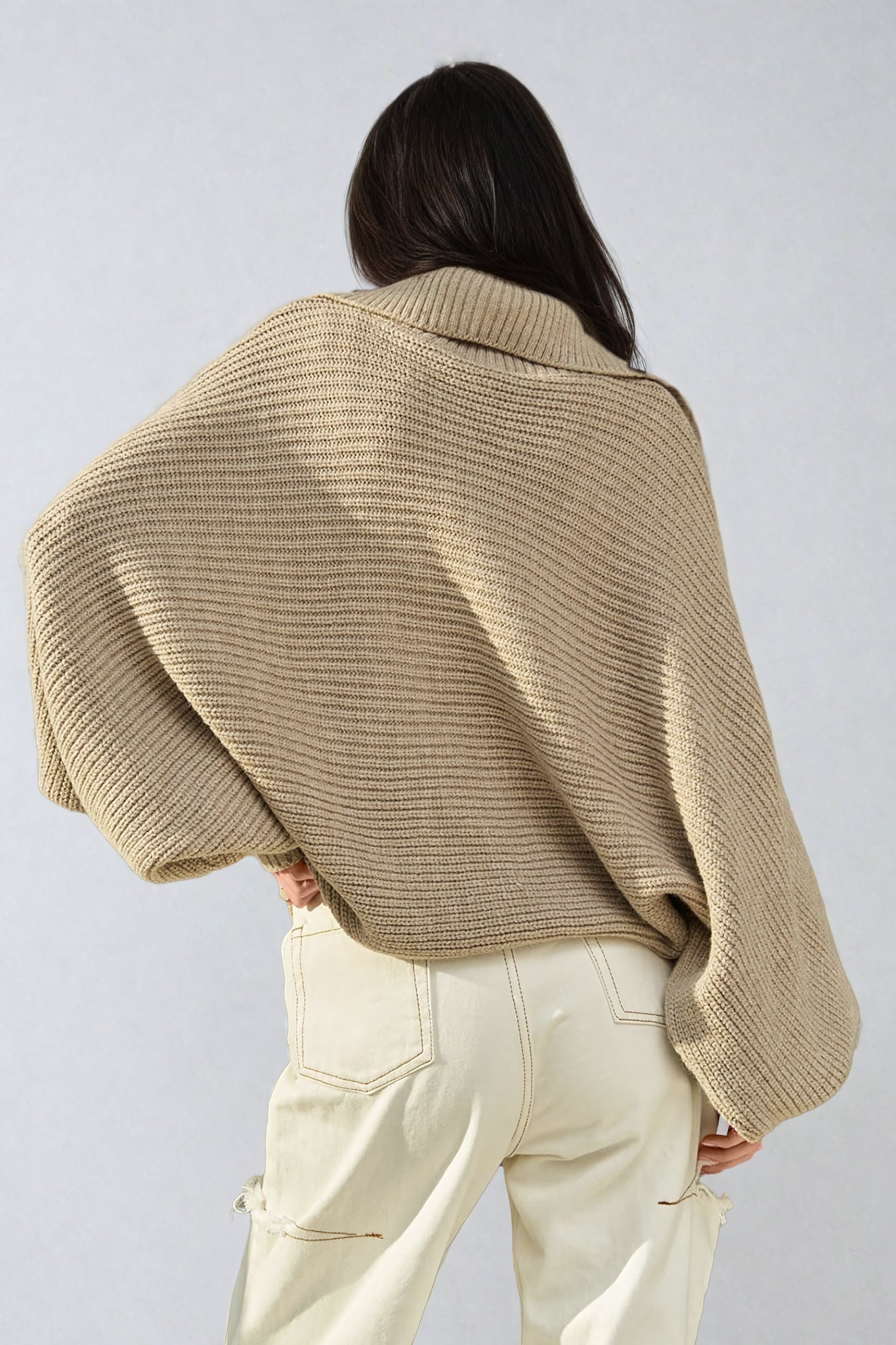 Oversized Ribbed Knit Sweater with V-Neck and Wide Collar - Brown