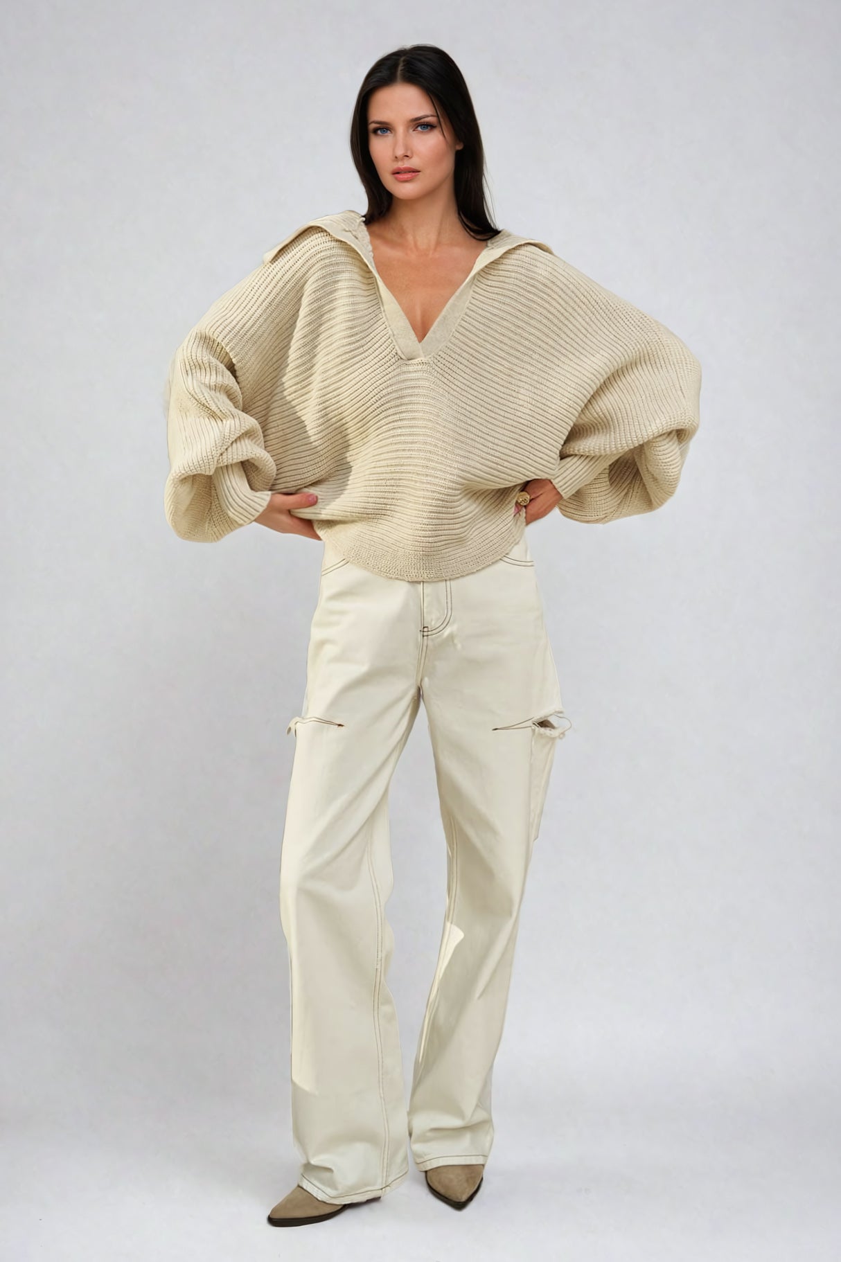 Oversized Ribbed Knit Sweater with V-Neck and Wide Collar - Beige