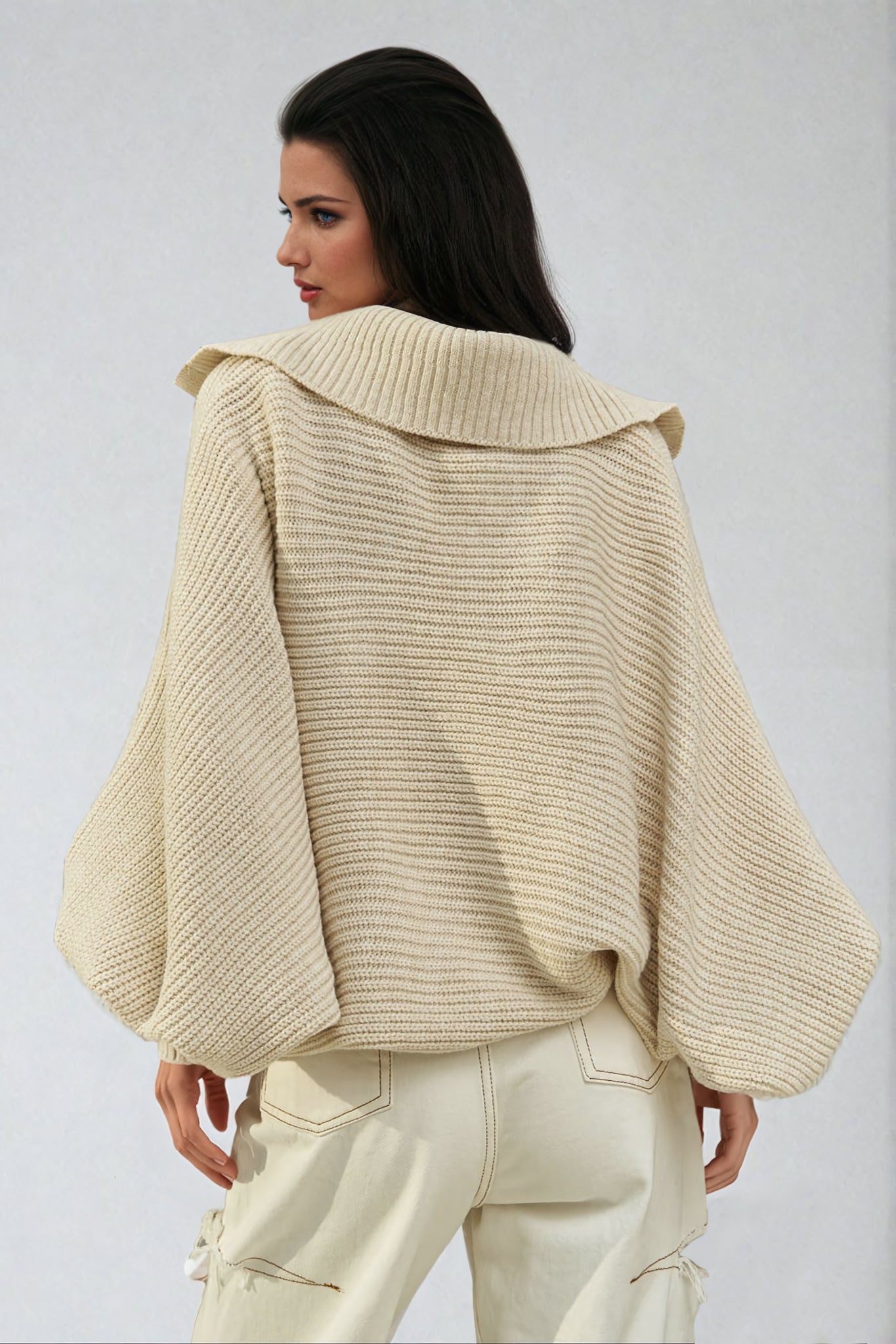 Oversized Ribbed Knit Sweater with V-Neck and Wide Collar - Beige