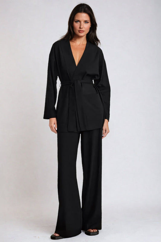 Two-Piece Set with Blazer Belted Top and Trousers - Black