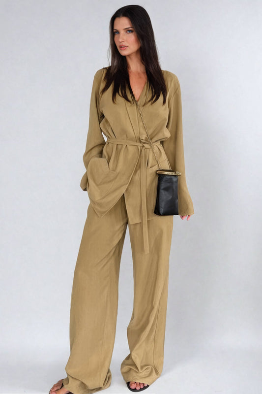 Two-Piece Set with Blazer Belted Top and Trousers - Khaki