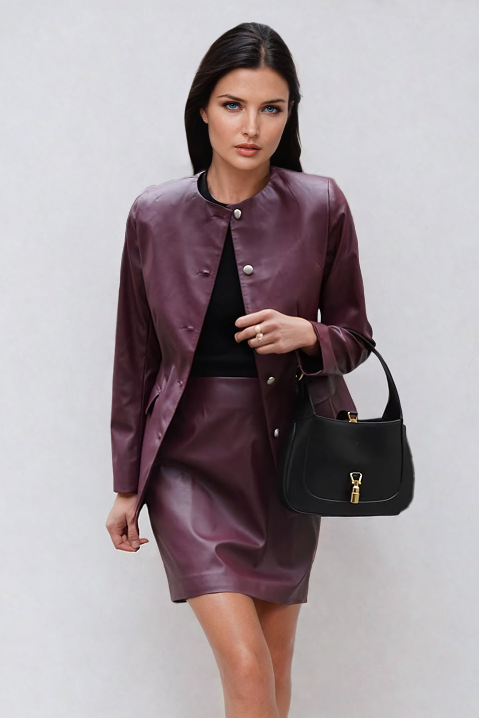 Two-Piece Set with Leather O-Neck Top and Fitted Mini Skirt - Red
