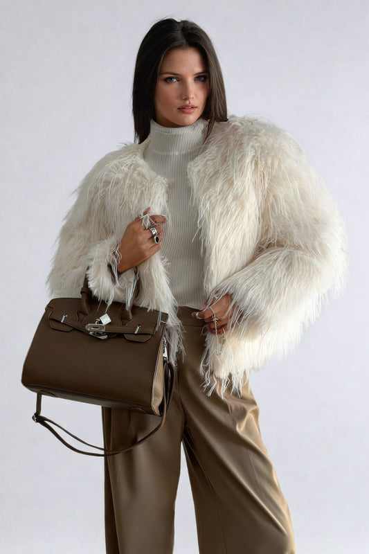 Round Neck Fur Coat - White