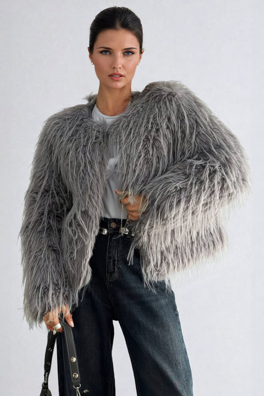 Round Neck Fur Coat - Gray