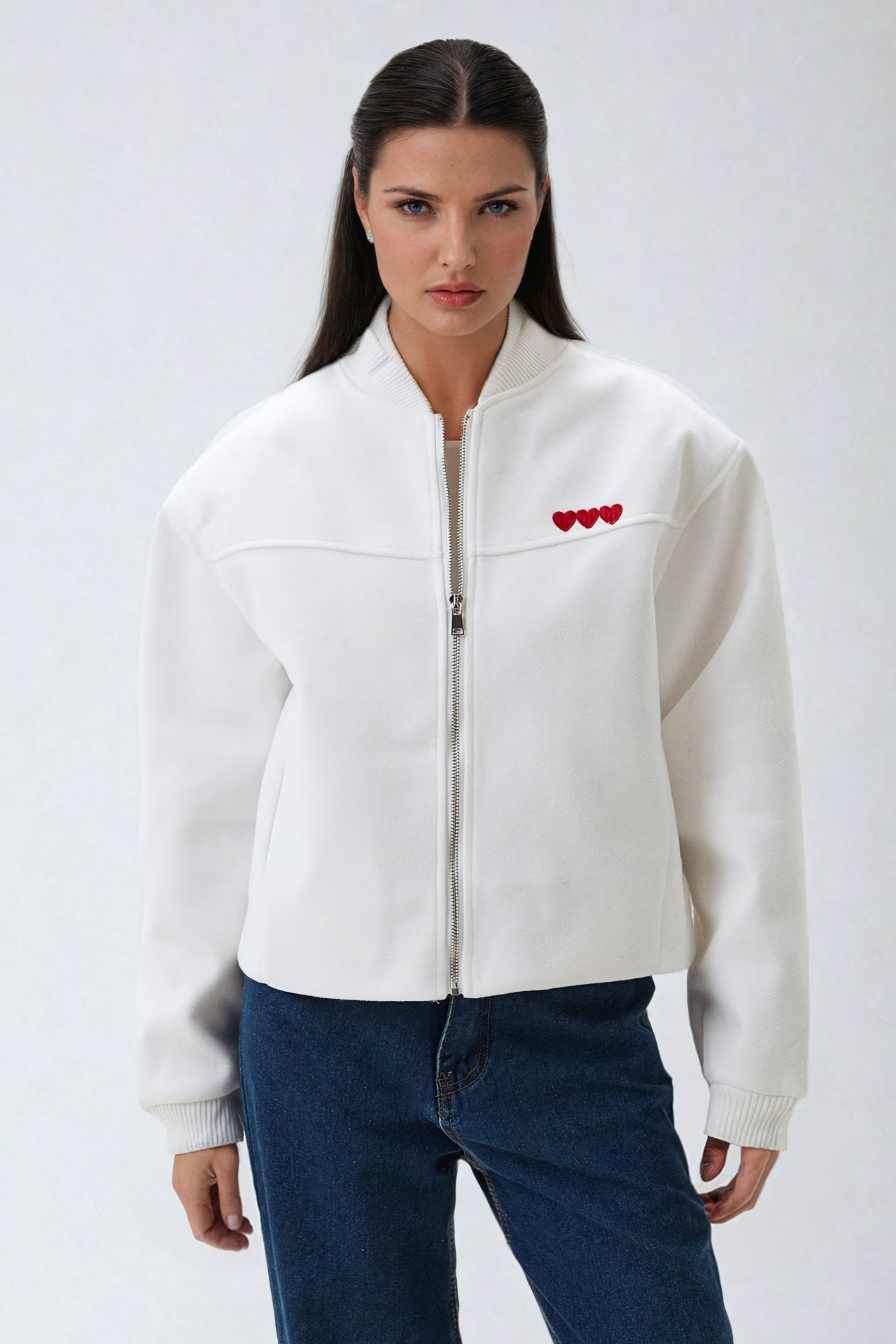 Embroidered Heart Detail Cropped Jacket - White