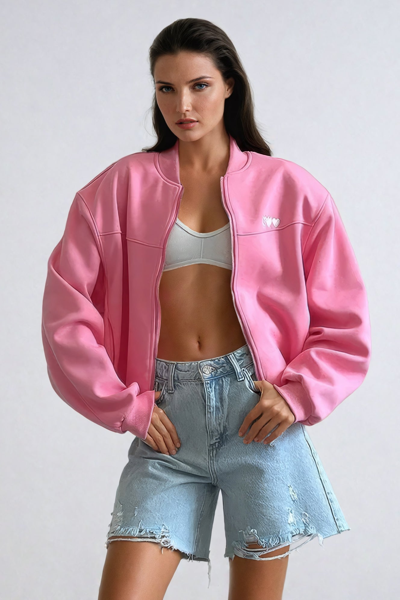 Embroidered Heart Detail Cropped Jacket - Pink