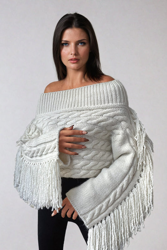 Cropped Knitted Sweater with Fringe Sleeve Detail - White