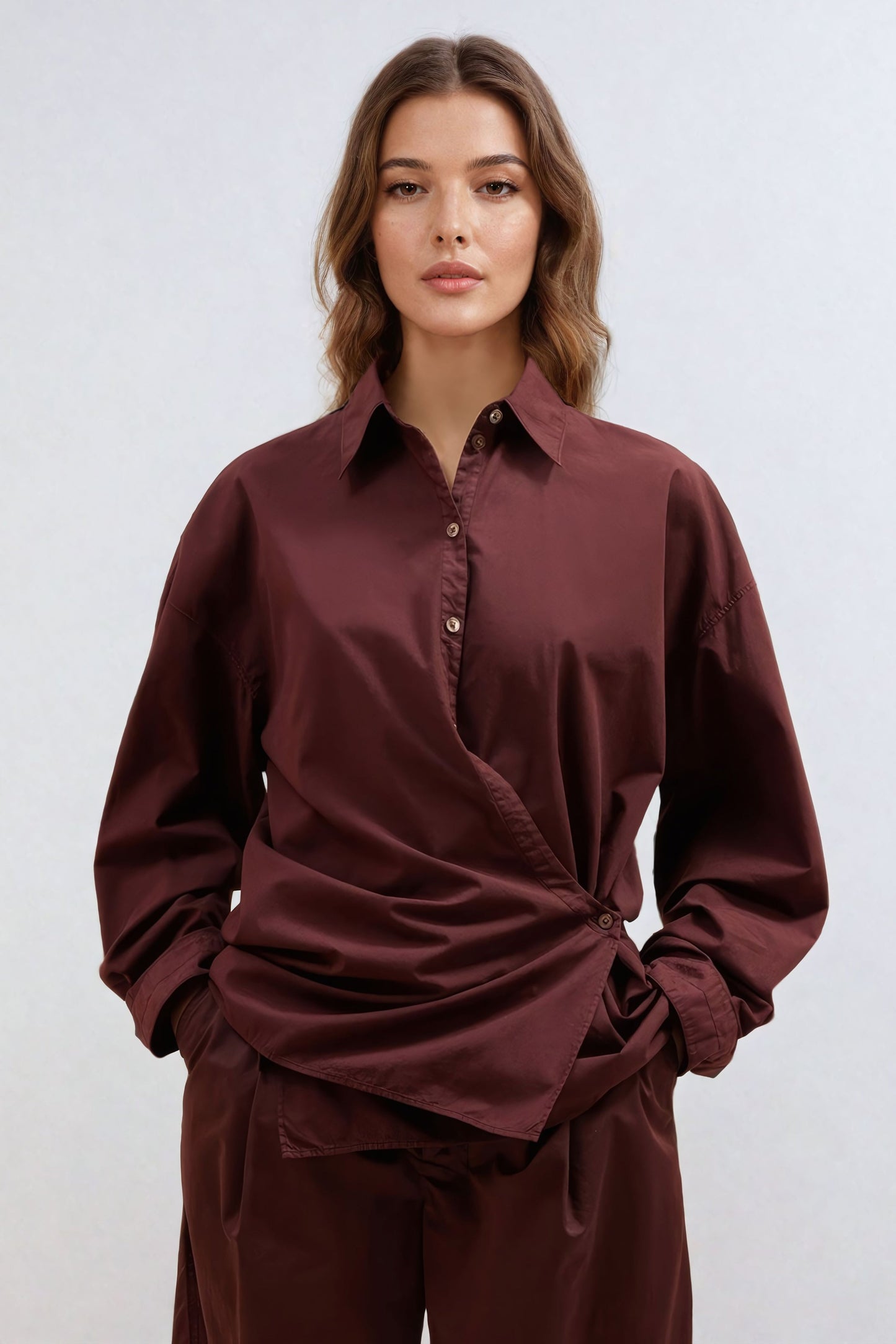 Wrap Button-Up Shirt with Asymmetric Detail - Burgundy