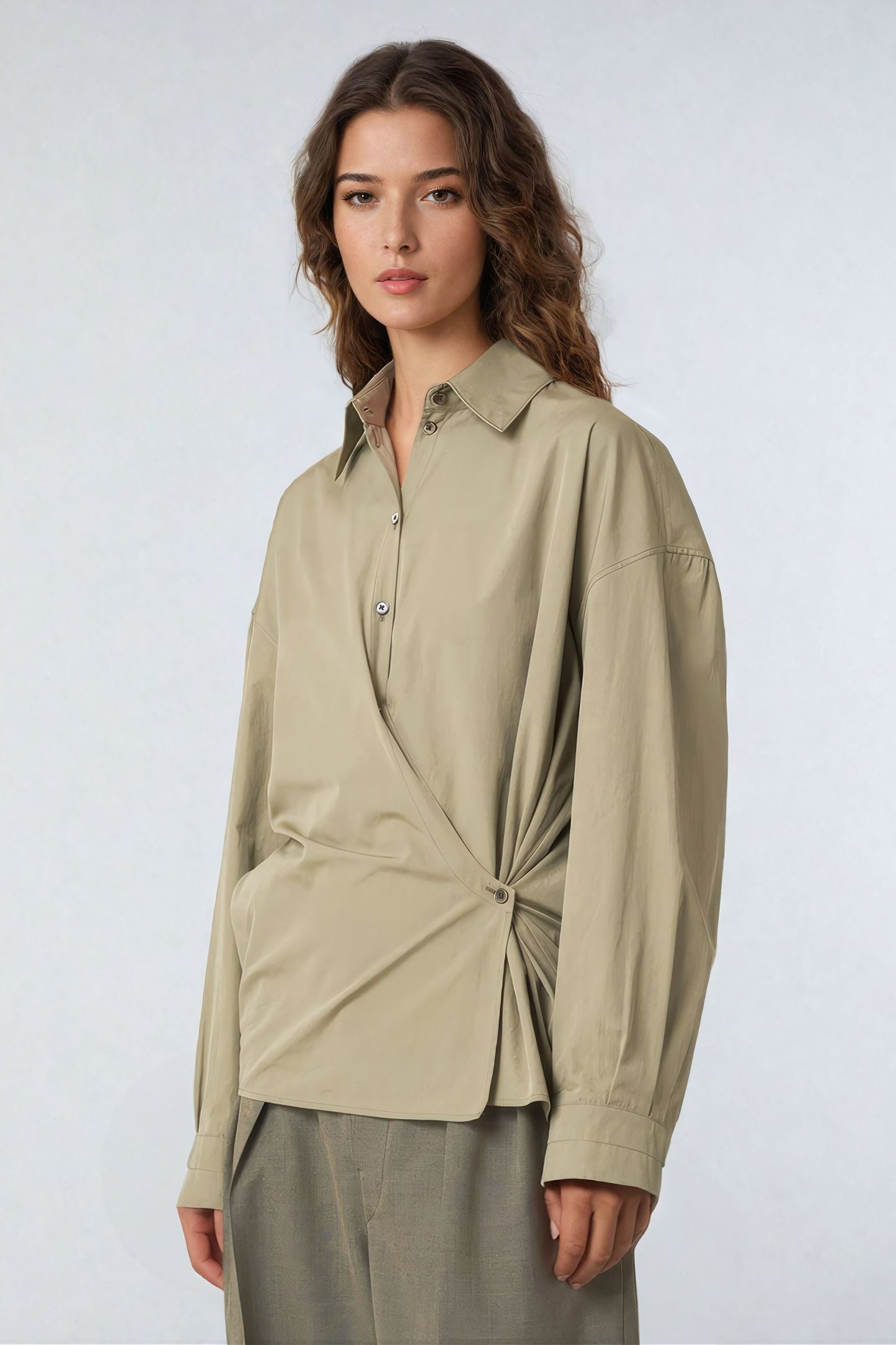 Wrap Button-Up Shirt with Asymmetric Detail - Khaki