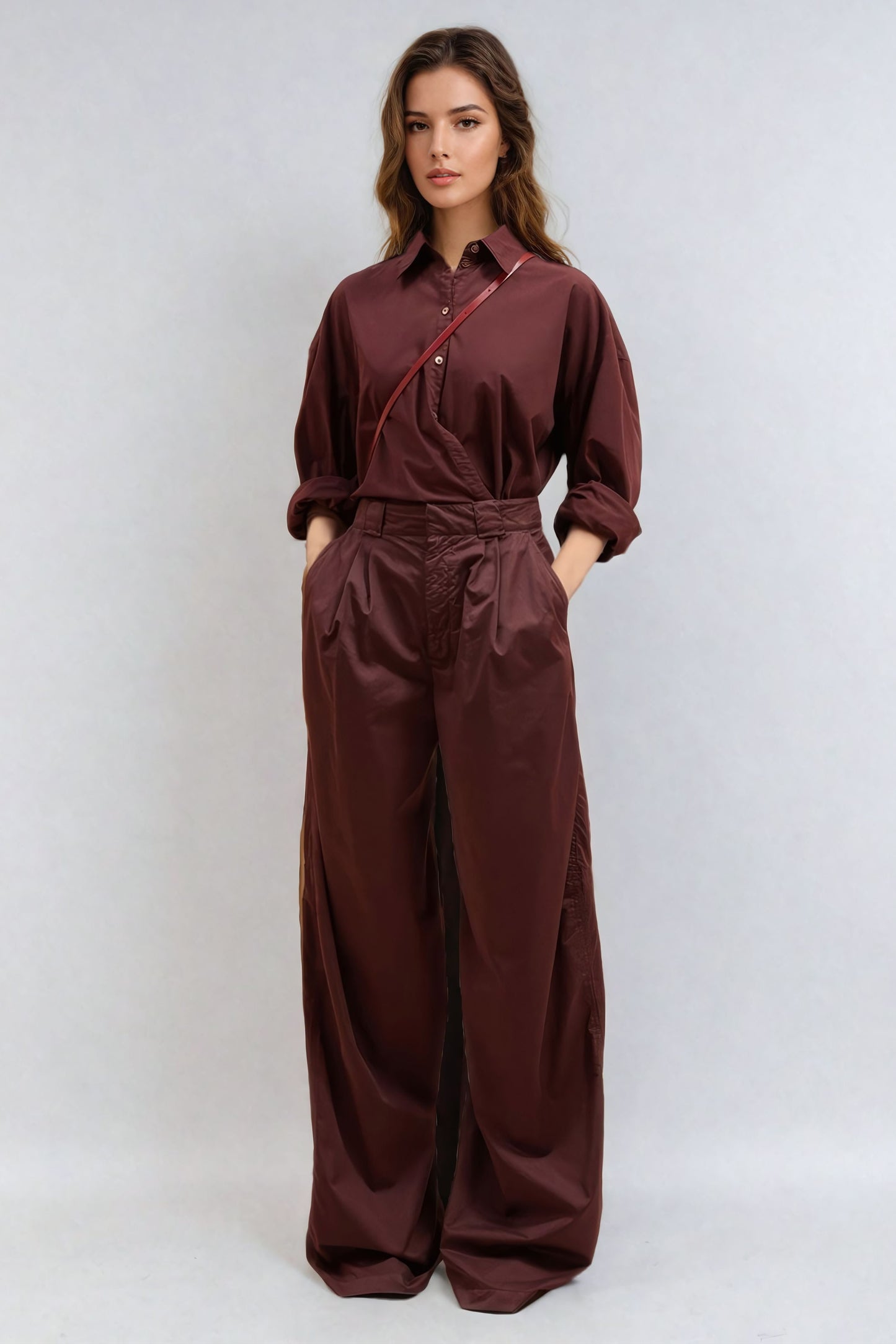 Wrap Button-Up Shirt with Asymmetric Detail - Burgundy