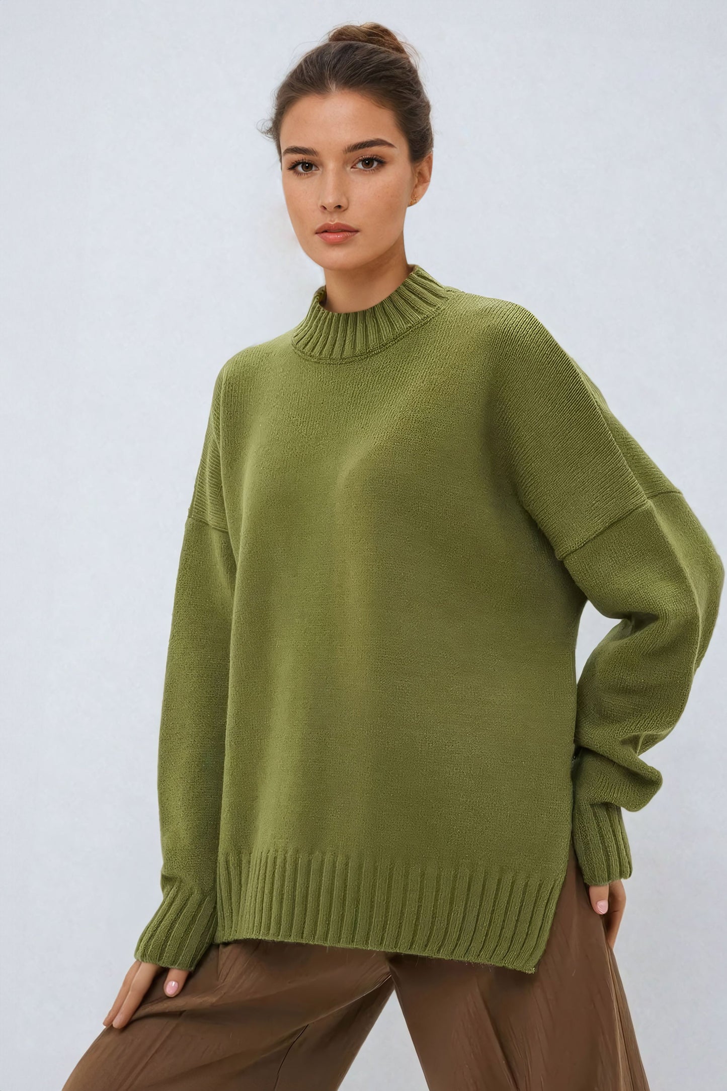 High-Neck Oversized Ribbed Hem Sweater - Olive Green