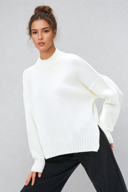 High-Neck Oversized Ribbed Hem Sweater - White