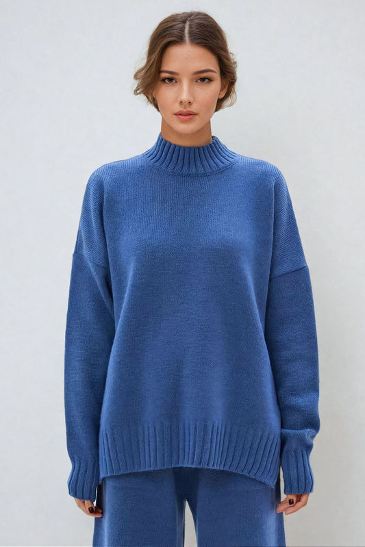 High-Neck Oversized Ribbed Hem Sweater - Blue